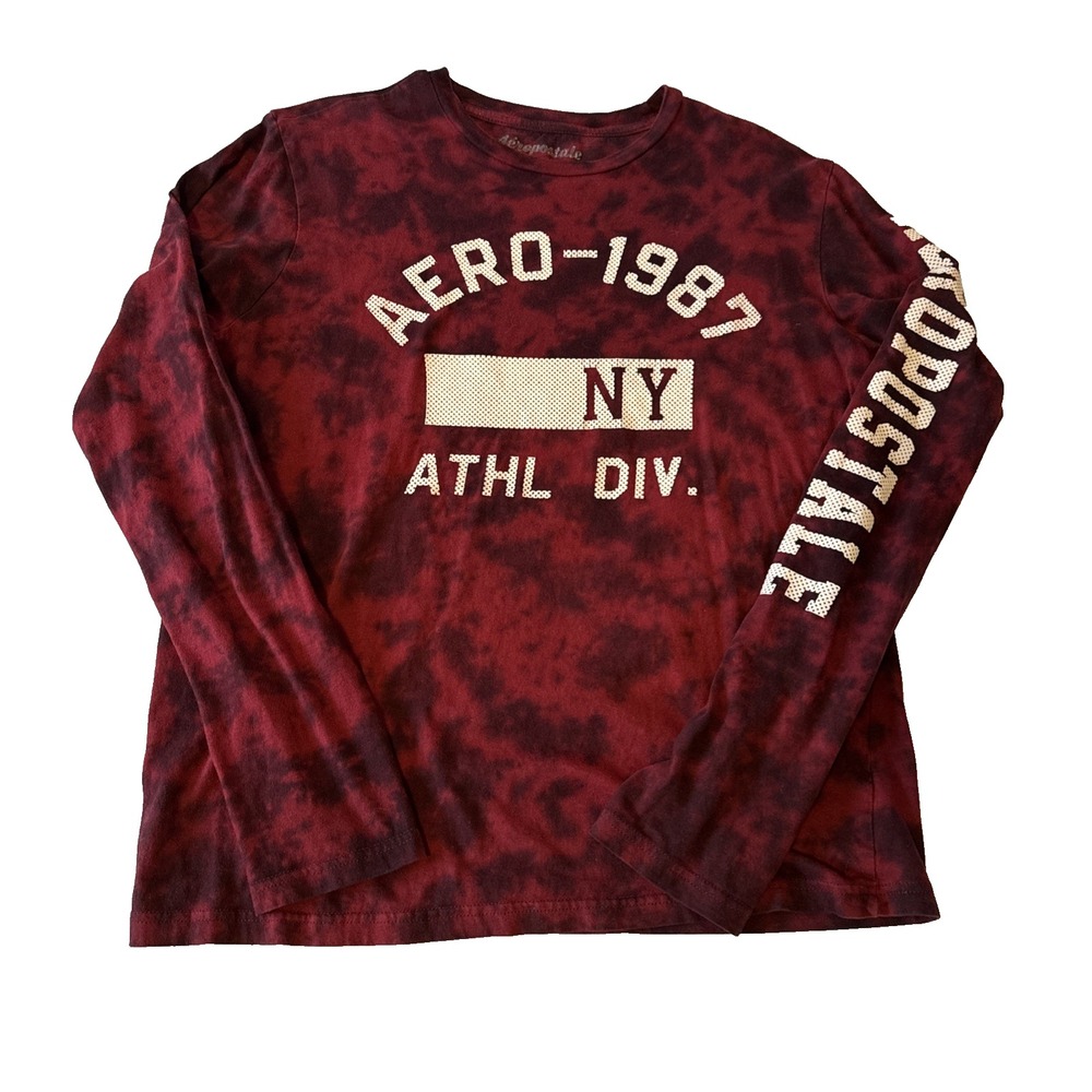 Aeropostale Long Sleeve Spell Out 1987 Graphic Crewneck Shirt Mens M Tie Dye Red